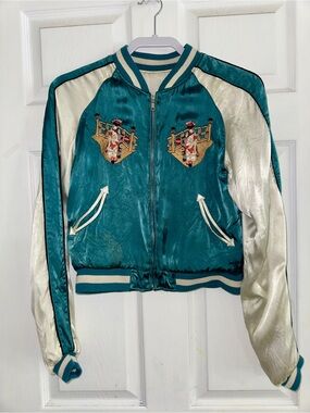 Vintage Sukajan Satin Embroidered Reversible Teal/Cream Bomber Jacket - M
